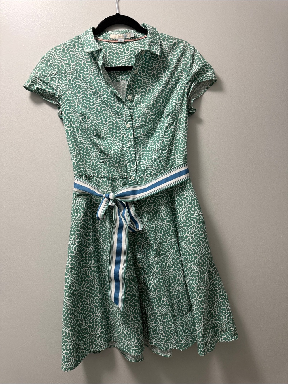Boden Mint Green Printed Midi Shirt Dress with Blue-White Striped Tie